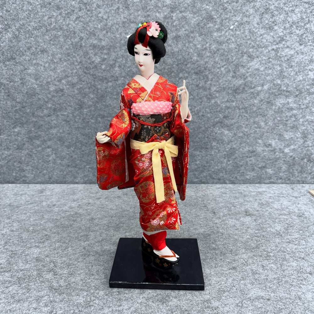 Vintage Japanese Geisha Doll Traditional Red & Gold Kimono Floral Pattern, Japan